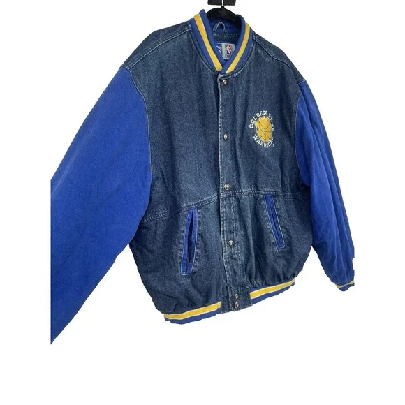 Rare VTG 90s Starter NBA Varsity Golden State Warriors Denim Jean Jacket Quilted - Picture 6 of 14